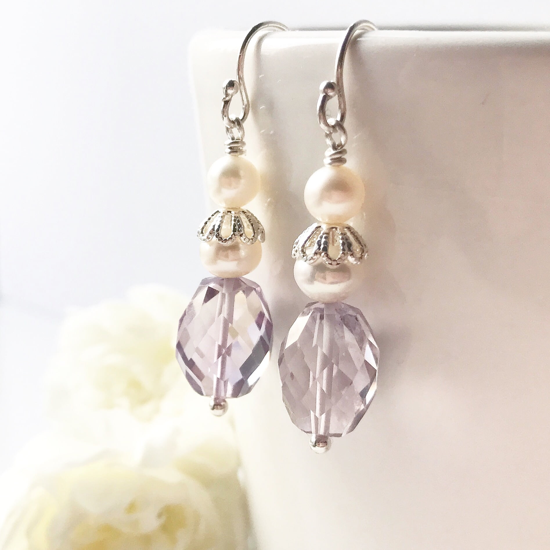 Freshwater Pearl and Amethyst Drop Earrings | By Me Me Jewellery